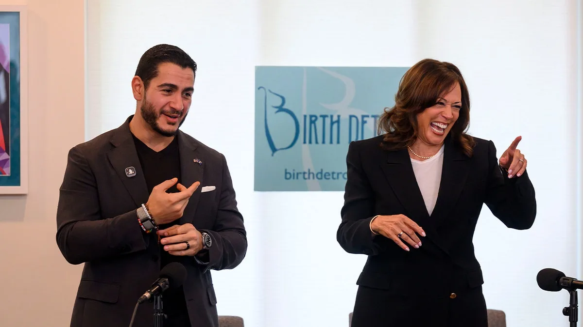 Image accompanying reporting about Kamala Harris says 'attack on DEI is an attack on maternal care' in appearance with El-Sayed