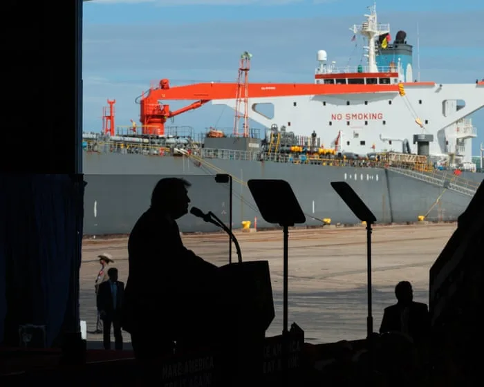 Image accompanying reporting about Trump shows off tanker with ‘1m barrels of oil’ and floats Venezuela as 51st state