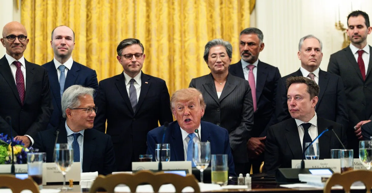 Image accompanying reporting about Silicon Valley is falling in line with Trump’s attempt to rename AI