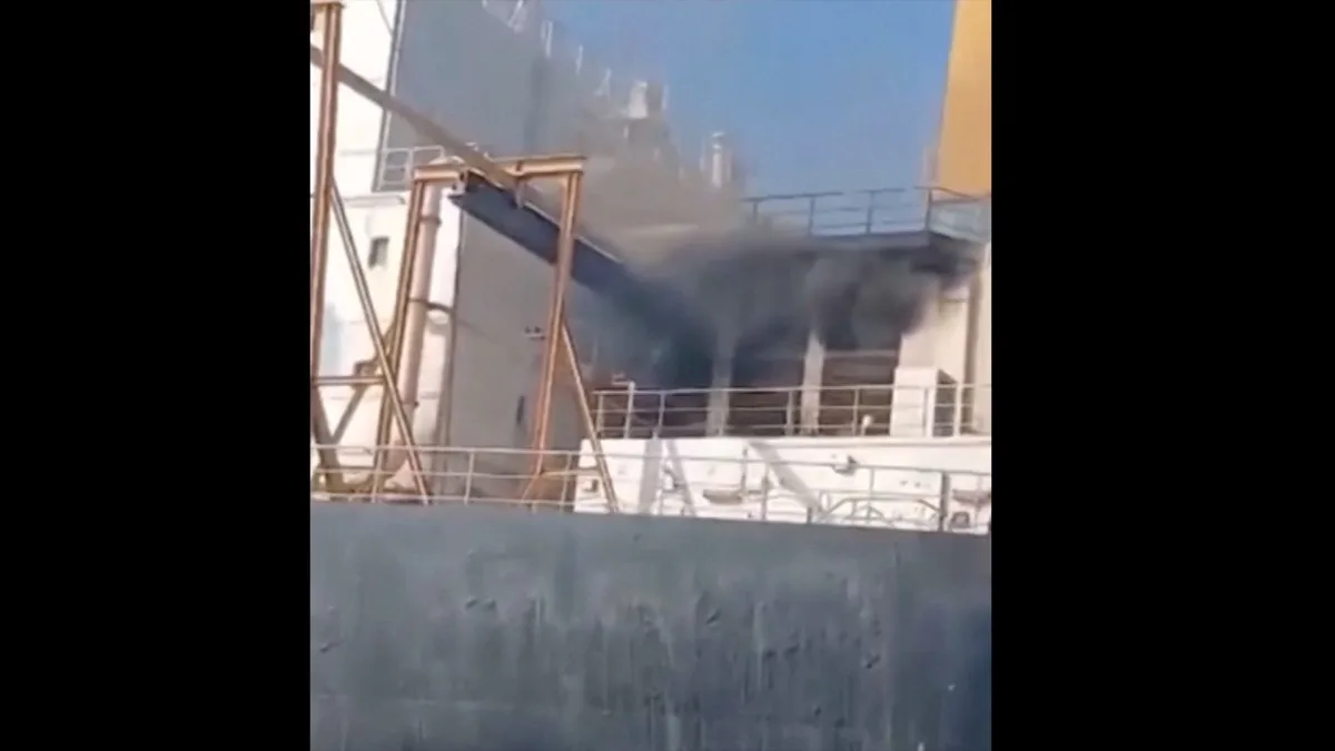 Image accompanying reporting about Iran says four tankers on fire after striking mines in Hormuz